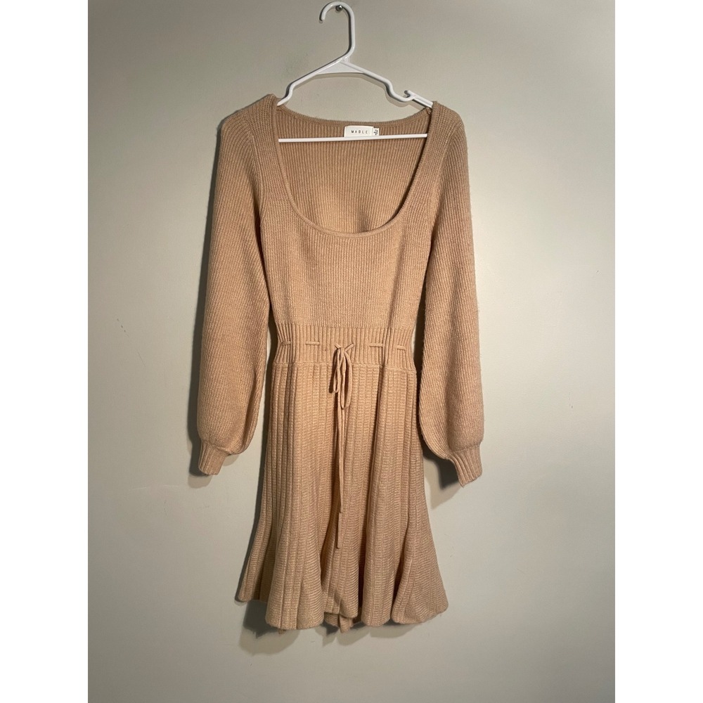 Mable Tan Knit Square Neck Puff Sleeve Open Back Sweater Dress Size Small